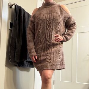 Brown Cable Knit Cold Shoulder Sweater Dress